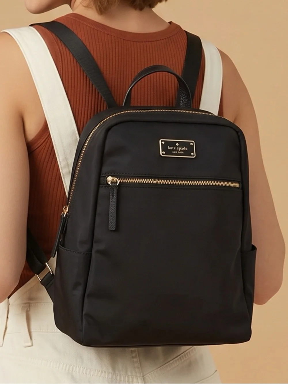 Kate Spade black nylon backpack with gold-tone hardware
